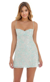 Sequin Embroidered Babydoll Dress in Seafoam