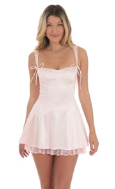 Double Bows Satin Ruffle Dress In Pink