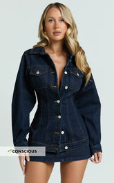 Tianna Jacket - Long Sleeve Contoured Recycled Denim Jacket In Indigo Wash