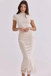Ciara Vintage Ivory Satin + Lace Midi Skirt