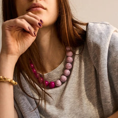 Jane Beaded Necklace - Dark Pink Quartz/Smoky Rose Quartz