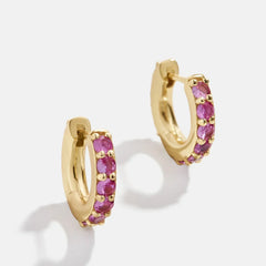 14K Gold Birthstone Huggie Earrings - Rose