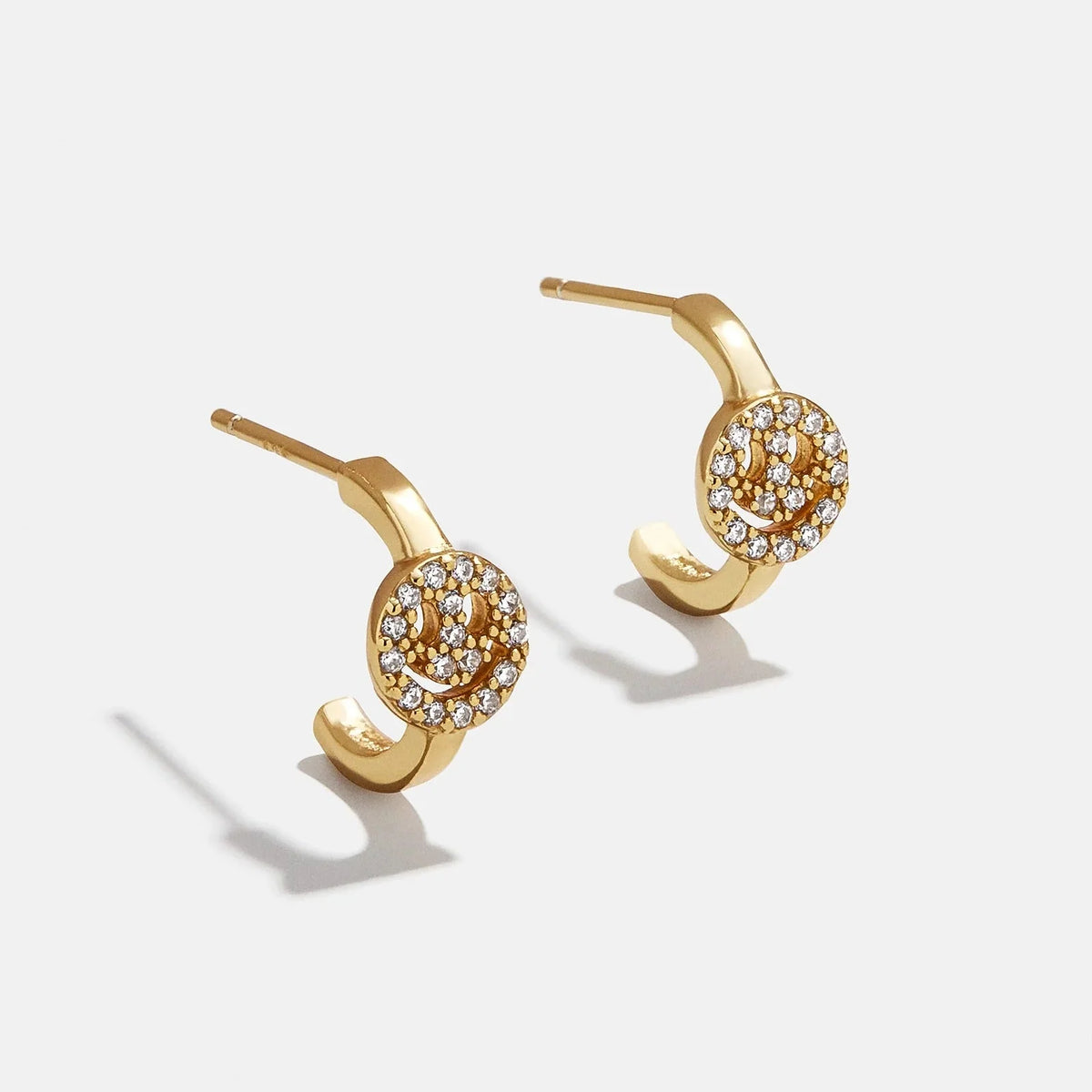 18K Gold Smiley Delicate Hoop Earrings - Pavé Smiley Face