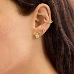 18K Gold Heart Delicate Hoop Earrings - Puffy Pavé Heart