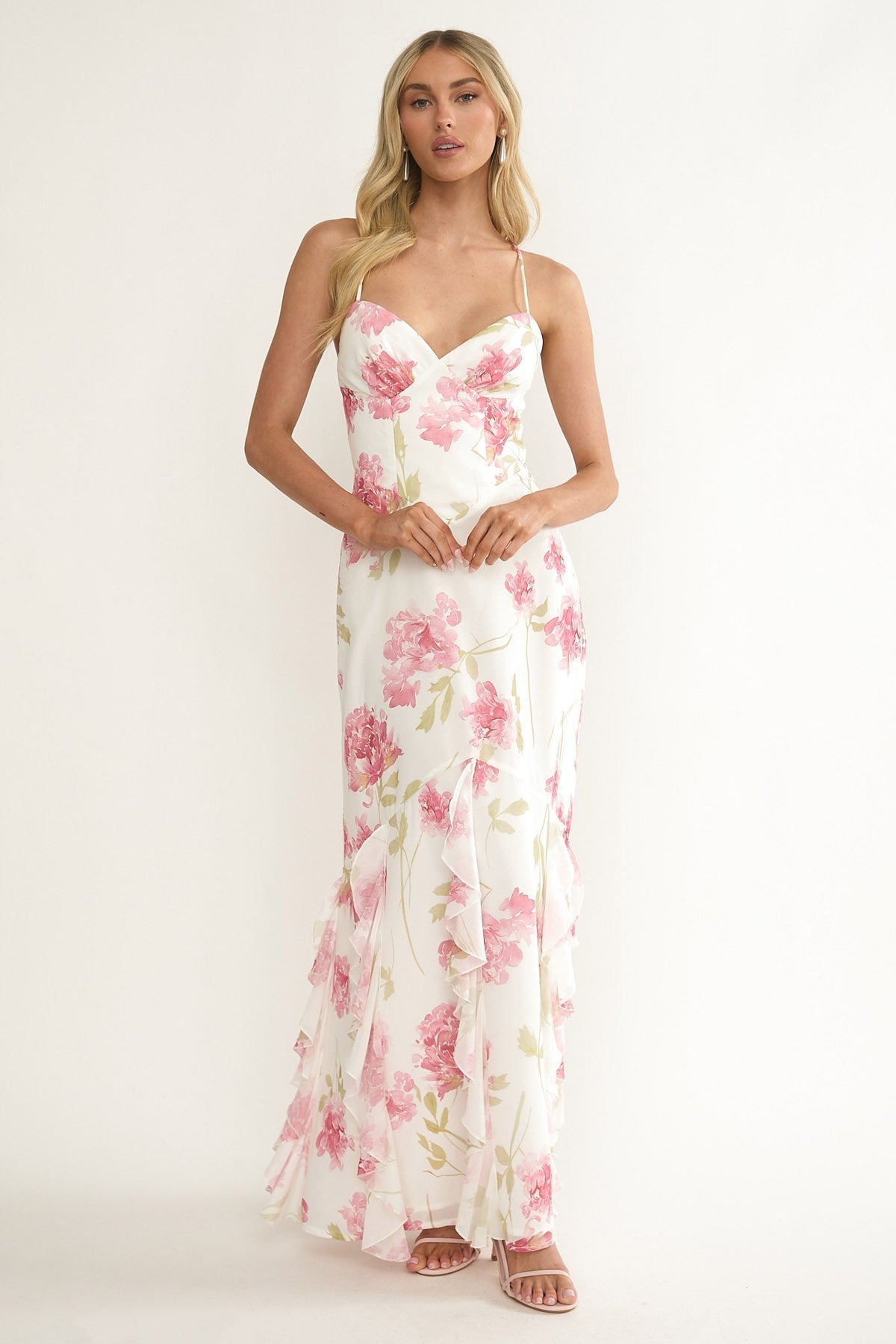 Charlisa Ruffle Maxi Dress Floral White