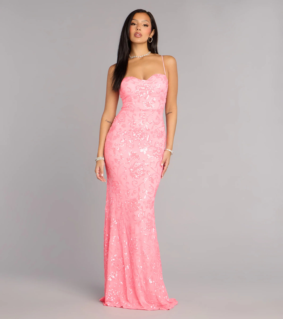 Savanna Floral Sequin Lace-Up Formal Dress