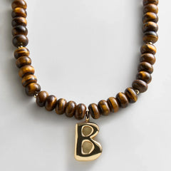 Semi-Precious Bubble Initial Necklace - Tiger's Eye